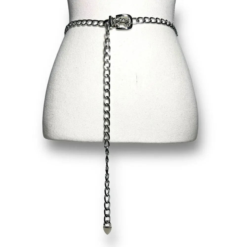 Chunky Silver Tone Chainlink Western Style Adjustable Skinny Belt Party Rock